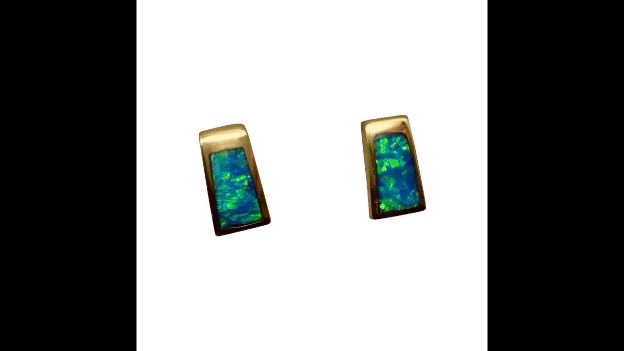 Opal Stud Earrings Green Blue Rectangle 14k Gold | FlashOpal