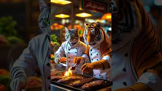 Cat  and tiger cooking together sharwama in  Saudi Arabia shop  #cats #AI
