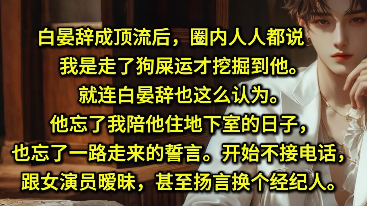 白晏辞成顶流后，圈内人人都说我是走了狗屎运才挖掘到他。就连白晏辞也这么认为。他忘了我陪他住地下室的日子，也忘了一路走来的誓言。开始不接电话，跟女演员暧昧，甚至扬言换个经纪人。