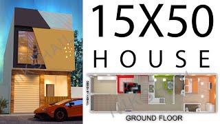 750sqft 15X50 house plan with 3d front elevation