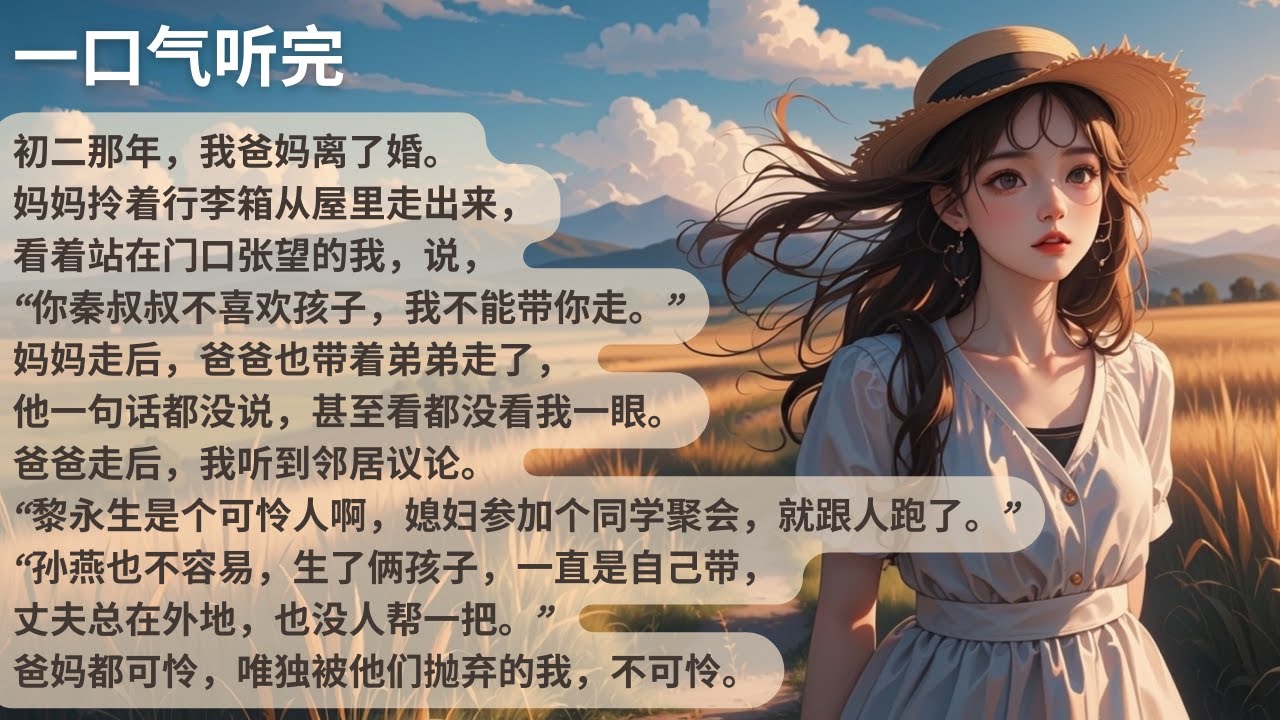 【完結】初二那年，我爸媽離了婚。媽媽拎著行李箱從屋裡走出來，看著站在門口張望的我，說，「你秦叔叔不喜歡孩子，我不能帶你走。」媽媽走後，爸爸也帶著弟弟走了【45分鐘聽完全文】#一口氣看完 #完結 #小說