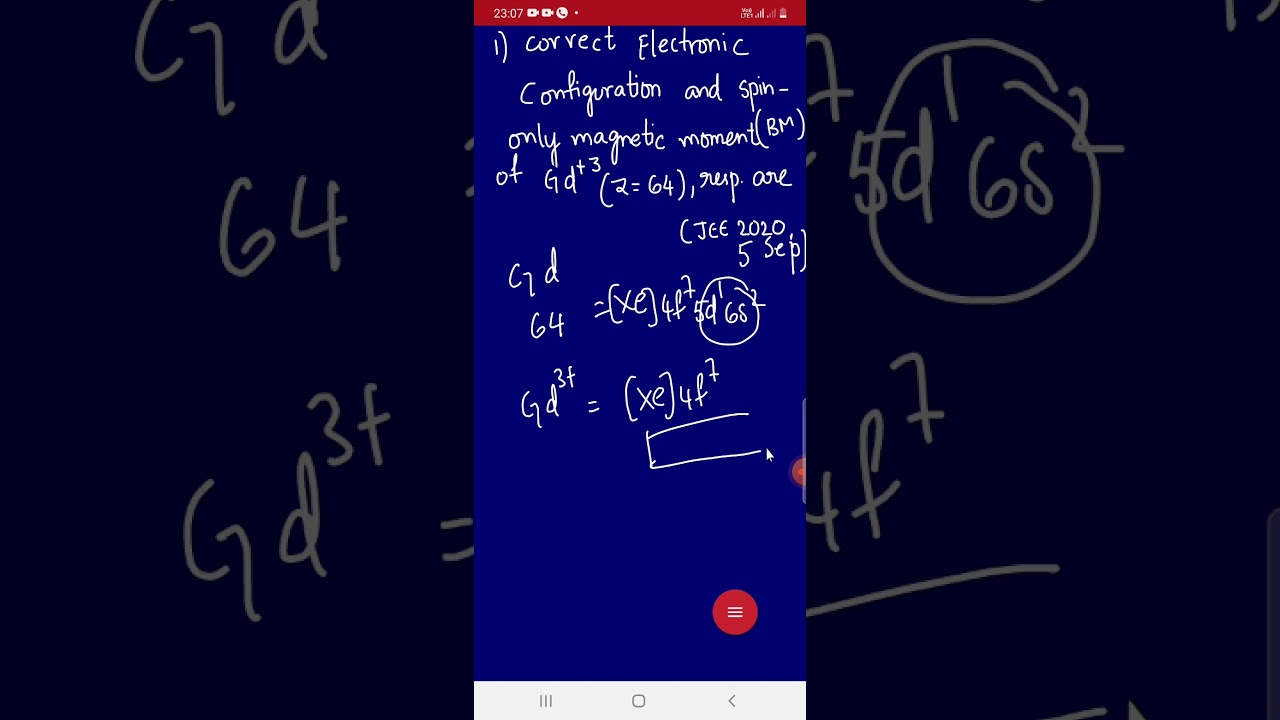 Gd+3 Configuration   ,spin only  magnetic  moment? jee 2020  mainsSep5th. subscribe  for neet,jee22