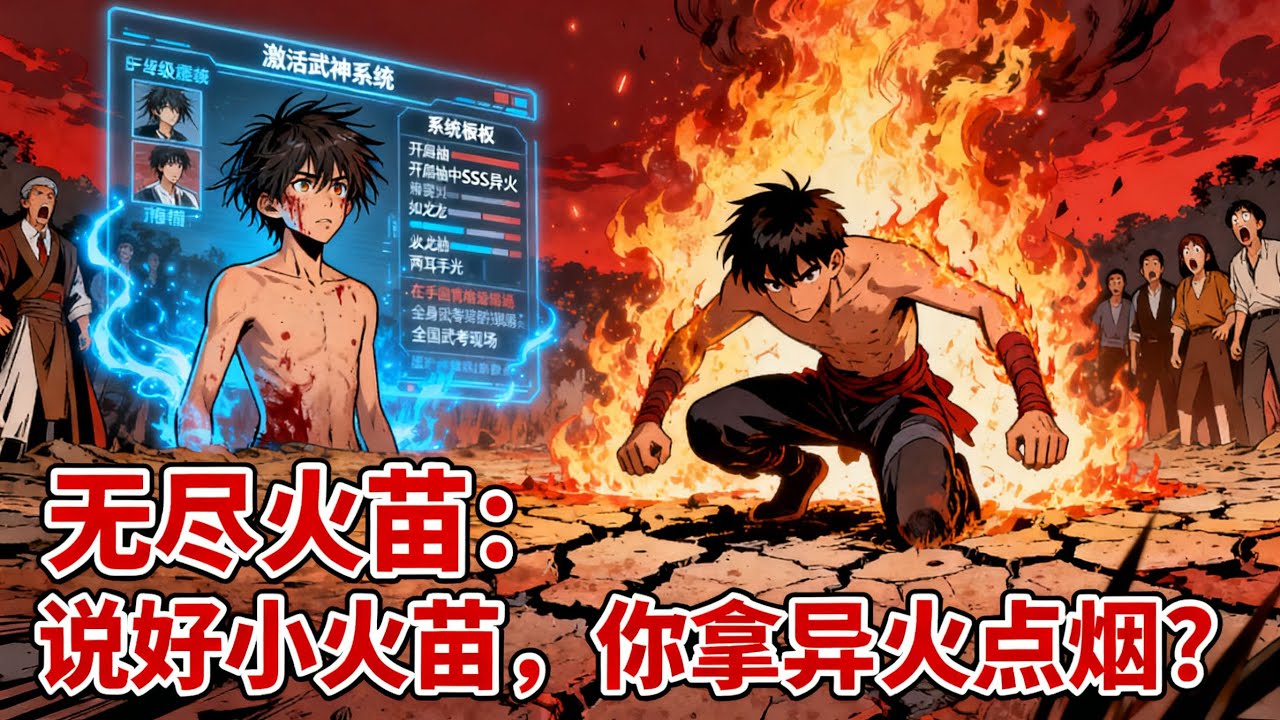 《無盡火苗：說好小火苗，你拿異火點菸？》穿越成E級廢柴，青梅竹馬騙我資源養男友？反手抽她兩耳光激活武神系統，開局抽中SSS異火，全國武考現場被我燒成修羅場！#漫畫解說#小說推薦#爽文#異能#無敵流