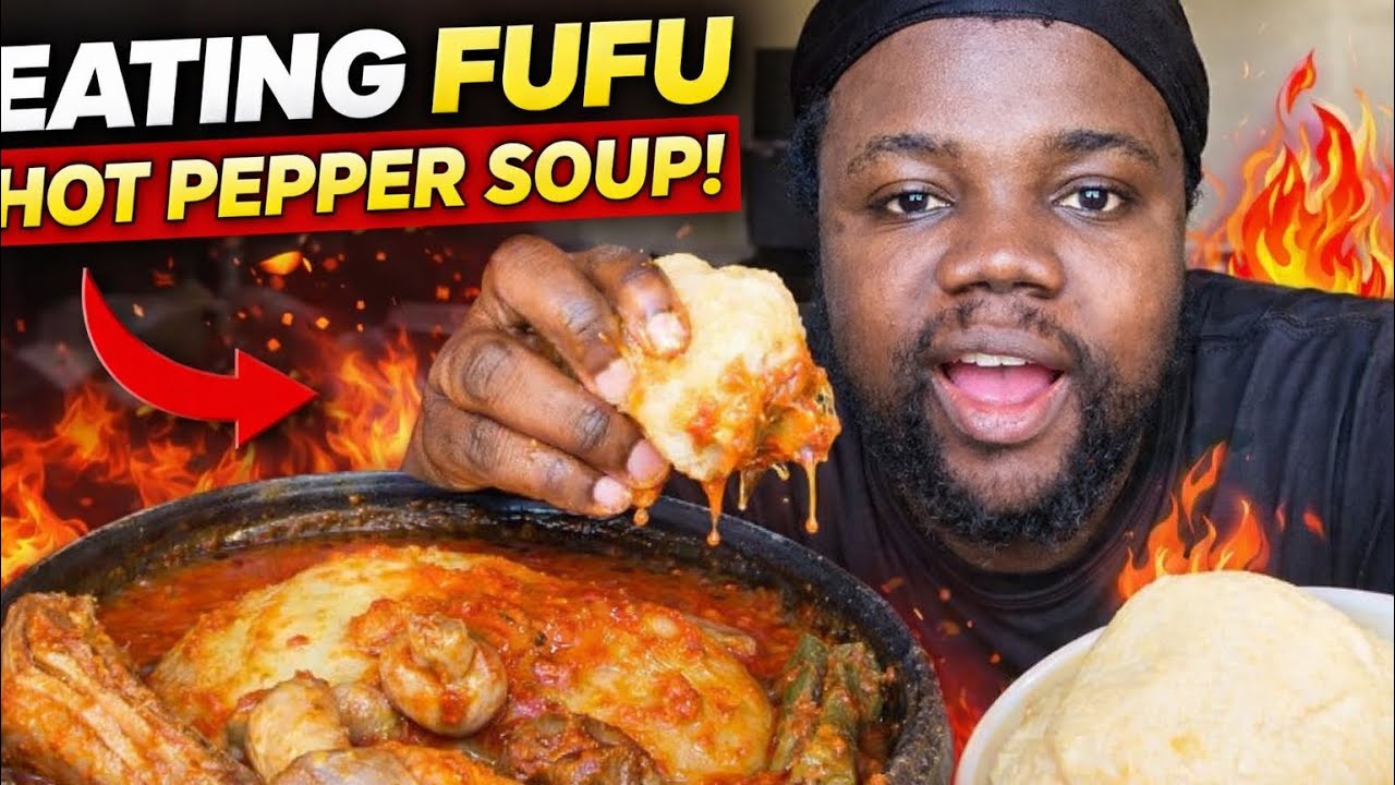 Eating fufu with hot pepper 🌶️ soup and mushrooms 🍄‍🟫 