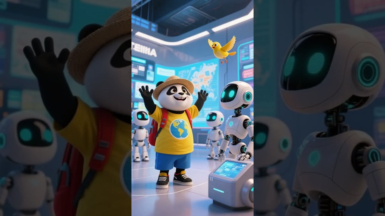 Happy Panda in Japan Cherry Blossoms and Robots