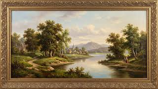 Tranquil River & Church Spire Landscape Oil Painting in Gold Frame — 4K 8 Hour Screensaver for TV