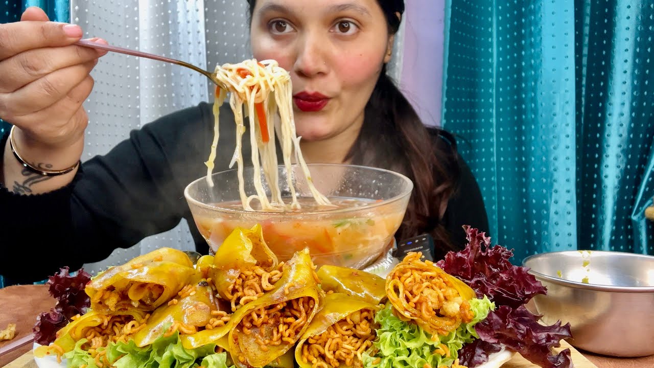 Eating Veg Thukpa, Spicy Laphing 