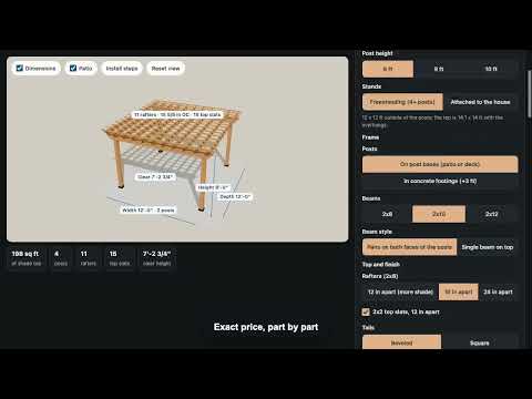 Cedar Pergola Kit 3D Configurator: Any Size, Every Board Priced, Install Steps | Shapiko