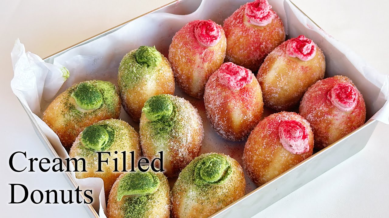 Fluffy Cream-Filled Donuts ( Matcha & Strawberry ) | 奶油爆浆甜甜圈（抹茶&草莓）