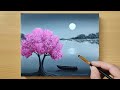 Black  white landscape painting for beginners  cherry blossom  acrylic painting technique