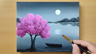 Black & White Landscape Painting for Beginners / Cherry Blossom / Acrylic Painting Technique