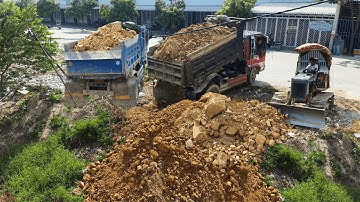 Watchful Landfill Work! Start Fill Soil into Wetland Use Dump Truck & Mitsubishi D20P Dozer Pushing