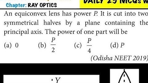 An equiconvex lens has power P. It is cut into two symmetrical halves by a plane containing the