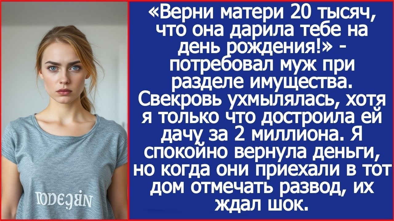 Верни матери 20 тысяч, что она дарила тебе на день рождения!» Потребовал муж при разделе имущес