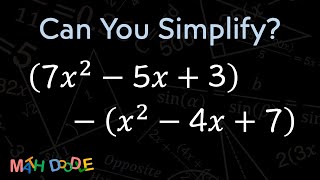 [Bite-Size Guide] Simplify Polynomial "(7𝑥^2 – 5𝑥 + 3) – (𝑥^2 – 4𝑥 + 7)" | Algebra - Math Doodle