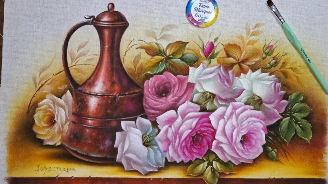 Pintura em tecido com Ânfora envelhecida e rosas sobre a mesa /Parte 5 Final