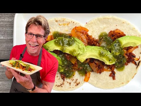 Potato and chorizo tacos with caramelized onion, avocado and salsa verde, from the video