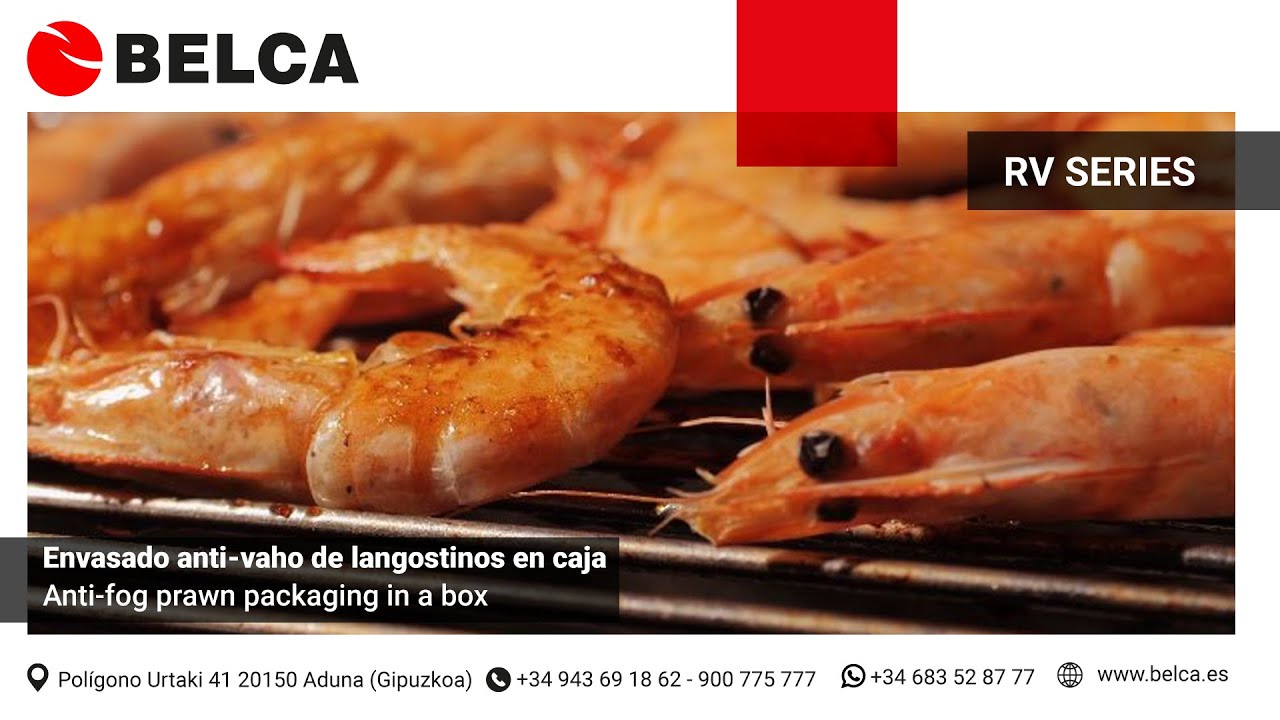 Envasado retráctil con film POF anti-vaho para cajas de langostinos congelados