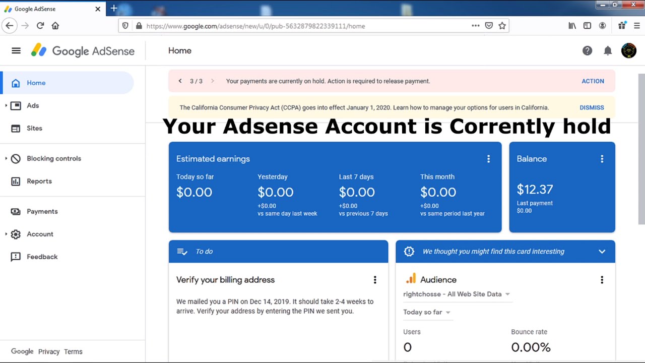 Your payments are currently on hold in your adsense account