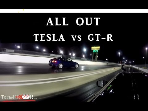 Go-pro View Tesla P100DL Vs GT-R Heads Up Drag Race