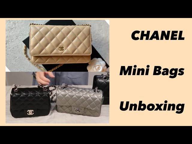 🖤CHANEL🖤 샤넬 미니백 3종 언박싱 | 베이지 WOC, 샤넬 쁘띠삭, 샤넬 클래식폰홀더 | 쁘띠삭 vs 뉴미니 비교 | 사이즈 비교 class=