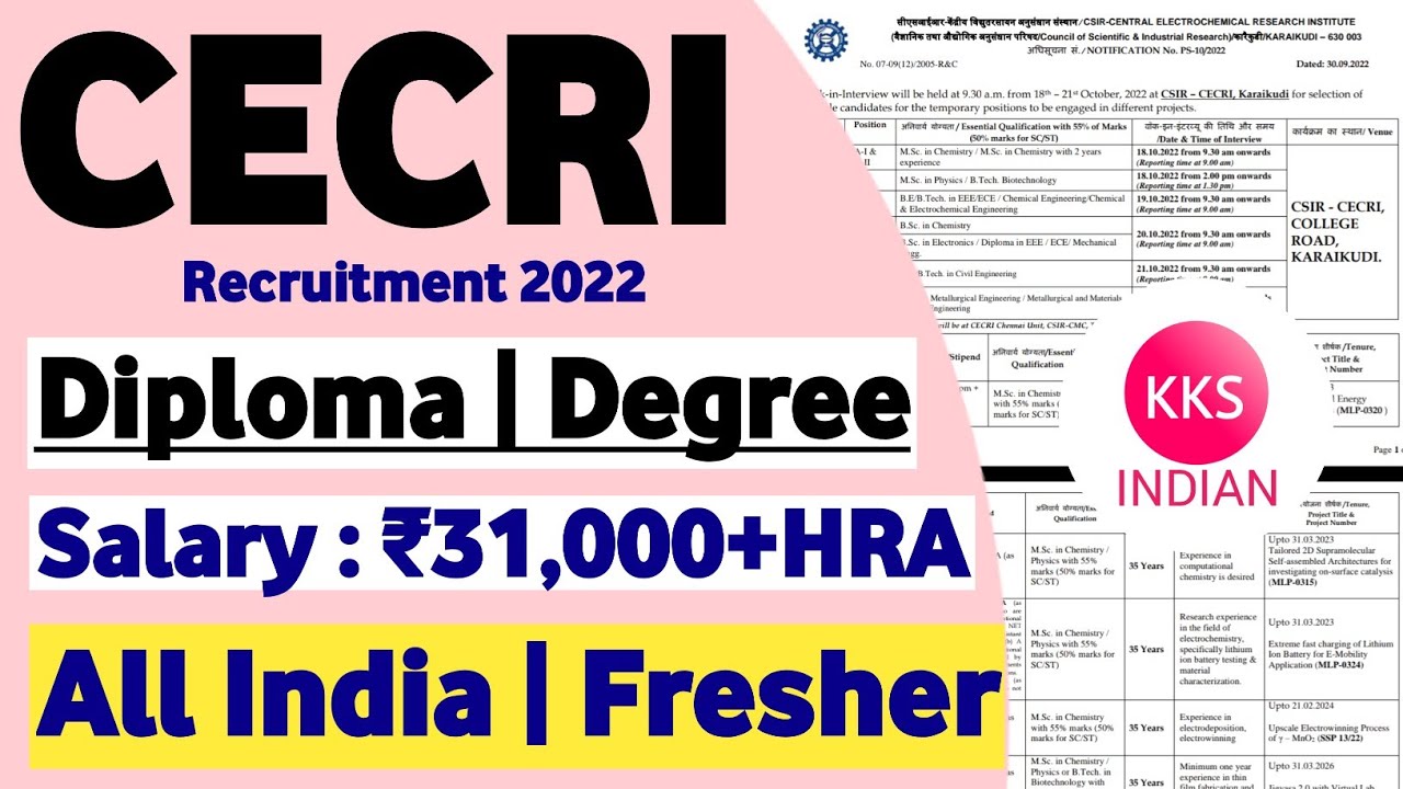 CECRI Recruitment 2022 Diploma Degree Salary ₹31,000+HRA All