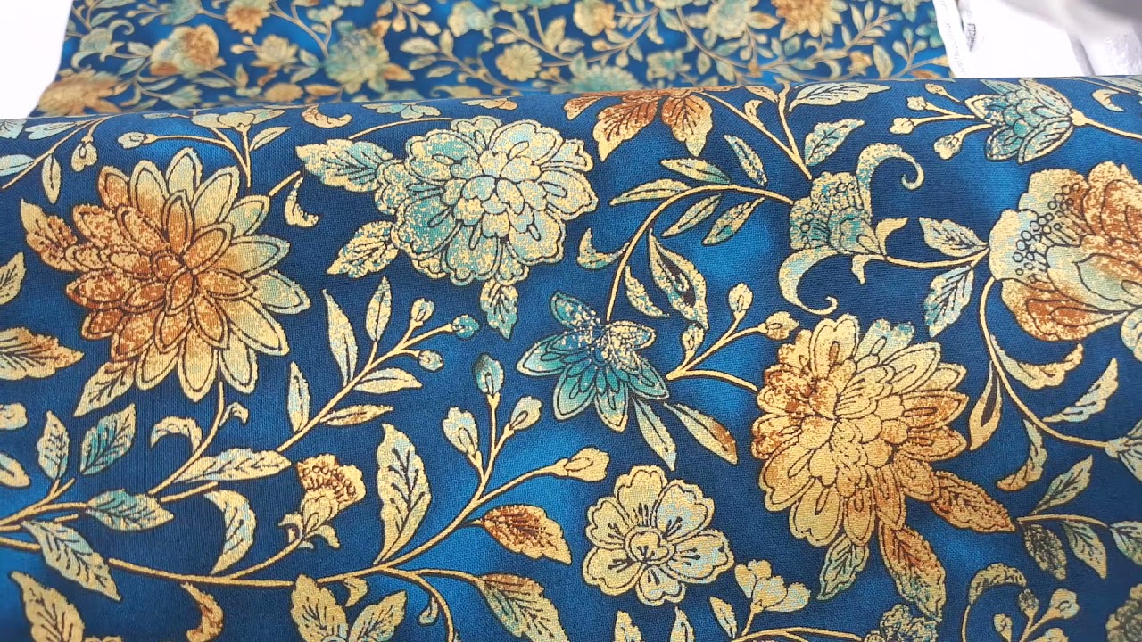 Robert Kaufman Fiorella teal metallic gold dahlia peony flower fabric