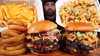 ASMR Double Bacon Cheese Burgers, Cheese Fries, Mac & Cheese Poutine, and Onion Rings Mukbang