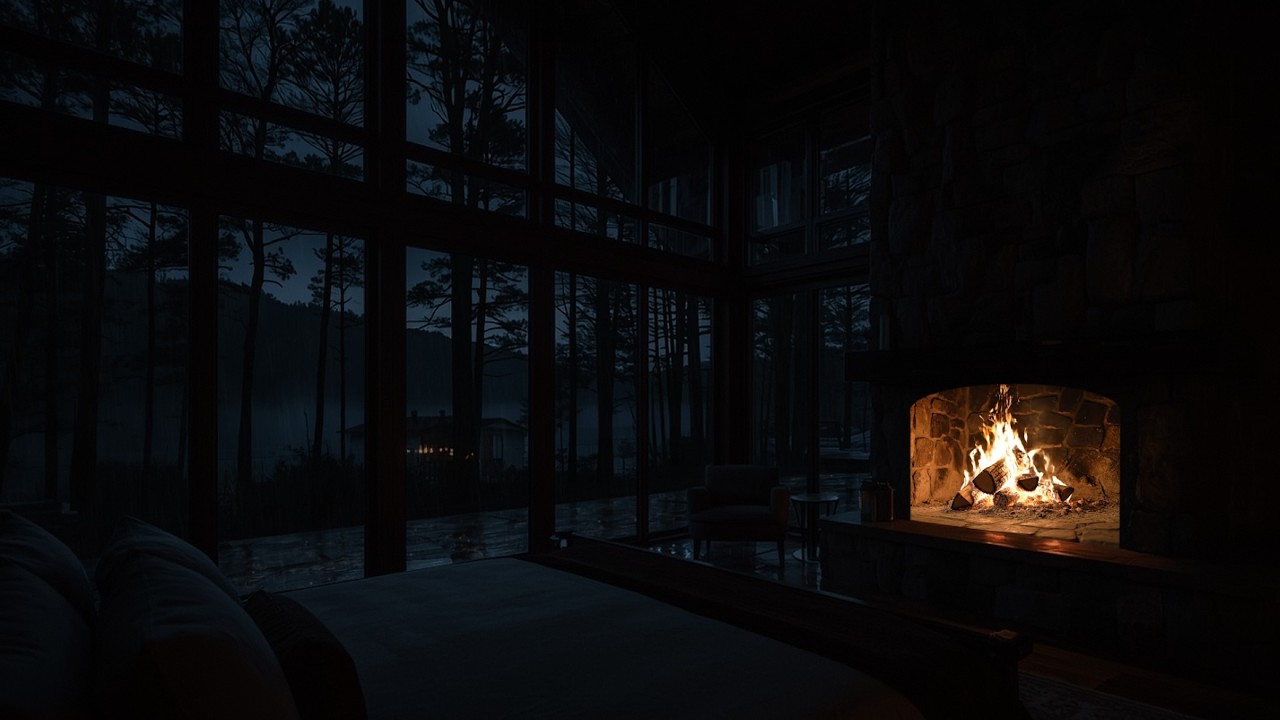 Cabin Night and Warm Fireplace | Relaxing Rainy Forest Cabin Ambience for Deep Sleep