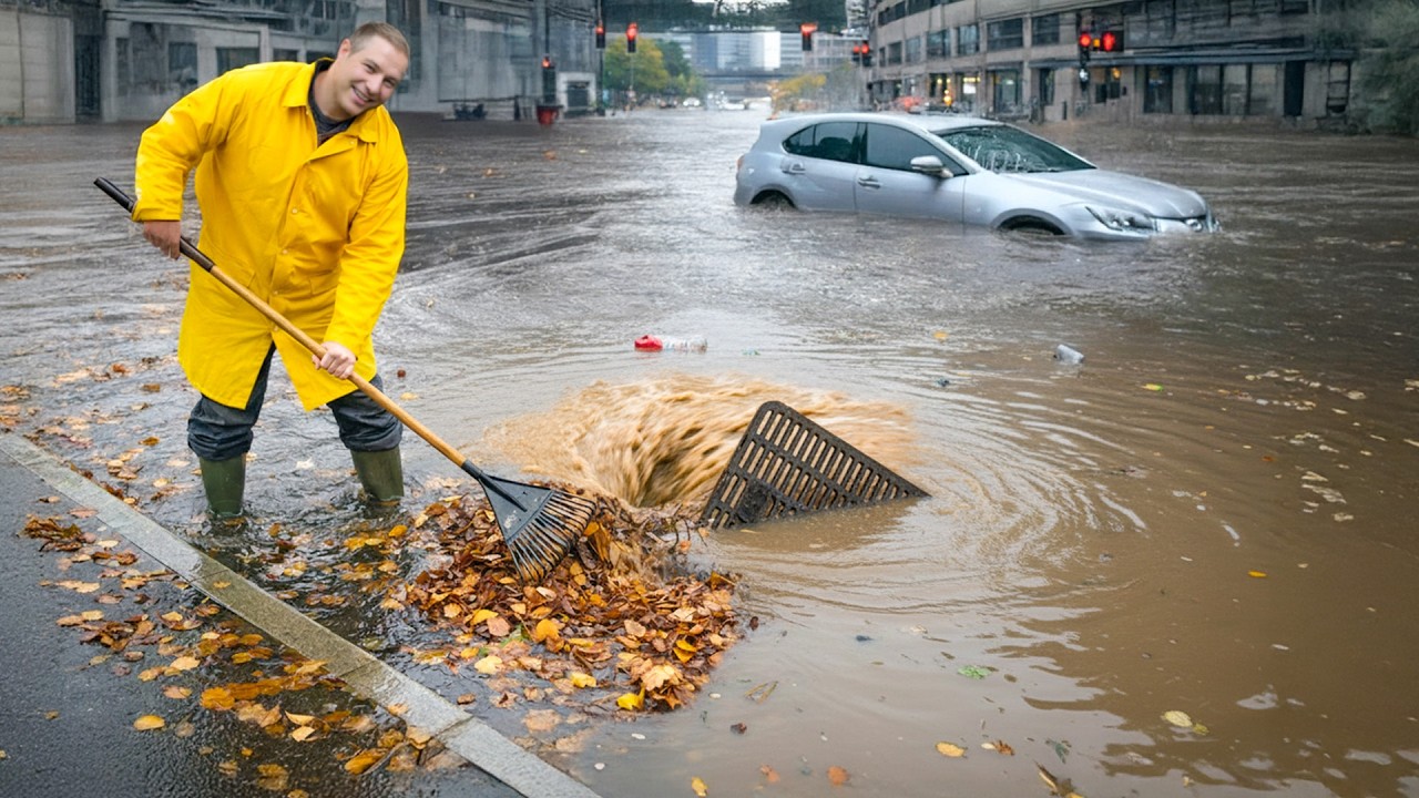 Storm Drain Unclogging Saves the Road from Massive Flooding - YouTube