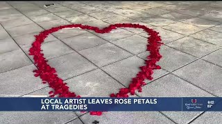 Anonymous rose petaler leaves artwork outside Old National Bank after mass shooting