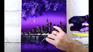 Unique Painting Approach / Purple Cityscape / plastic fork / Oval Brush Art