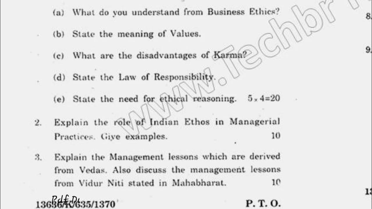 2019 MBA 3rd Indian Ethos & Business Ethics Question Paper YouTube