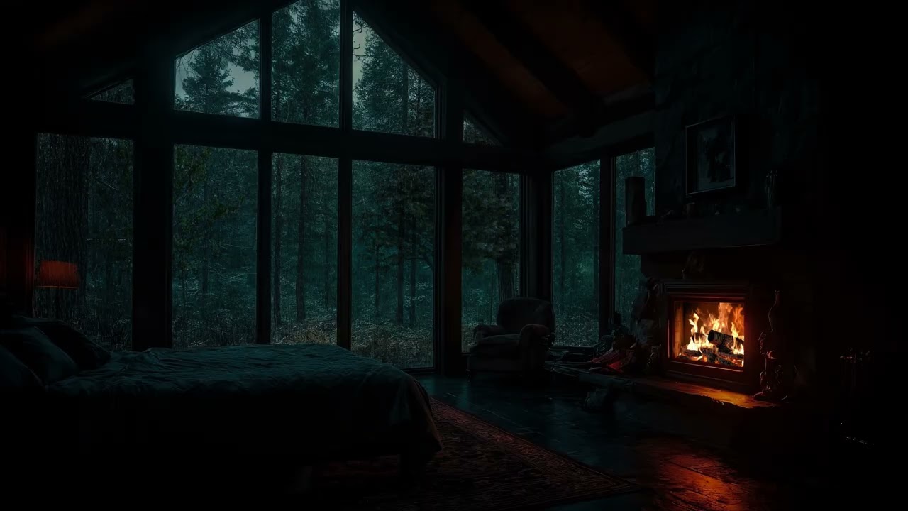 Warm Forest Cabin Rain at Night 🌲🌧️🔥 Cozy Fireplace Sounds for Deep Sleep & Relaxation (No Ads)