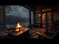 Cozy cabin on lakeside with heavy rain falling outside  crackling fireplace to relax and sleeping