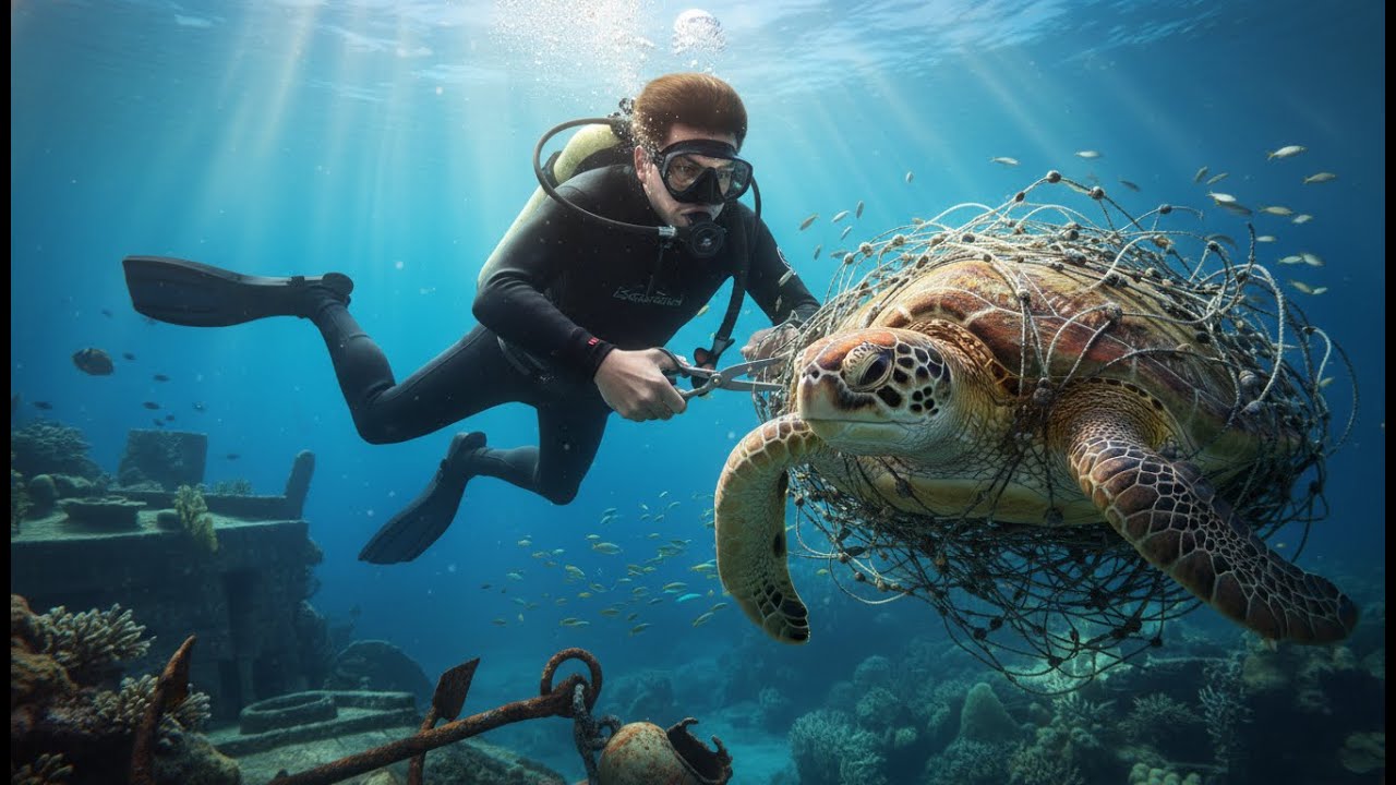 Sea Turtle Rescue | Saving a Turtle Trapped in an Abandoned Fishing Net.