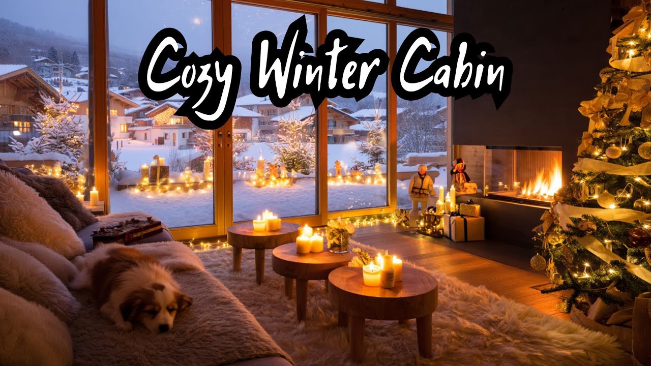 ❄️🔥 Dark Winter Cabin Ambience | Sleeping Dog, Crackling Fireplace  (No Music)