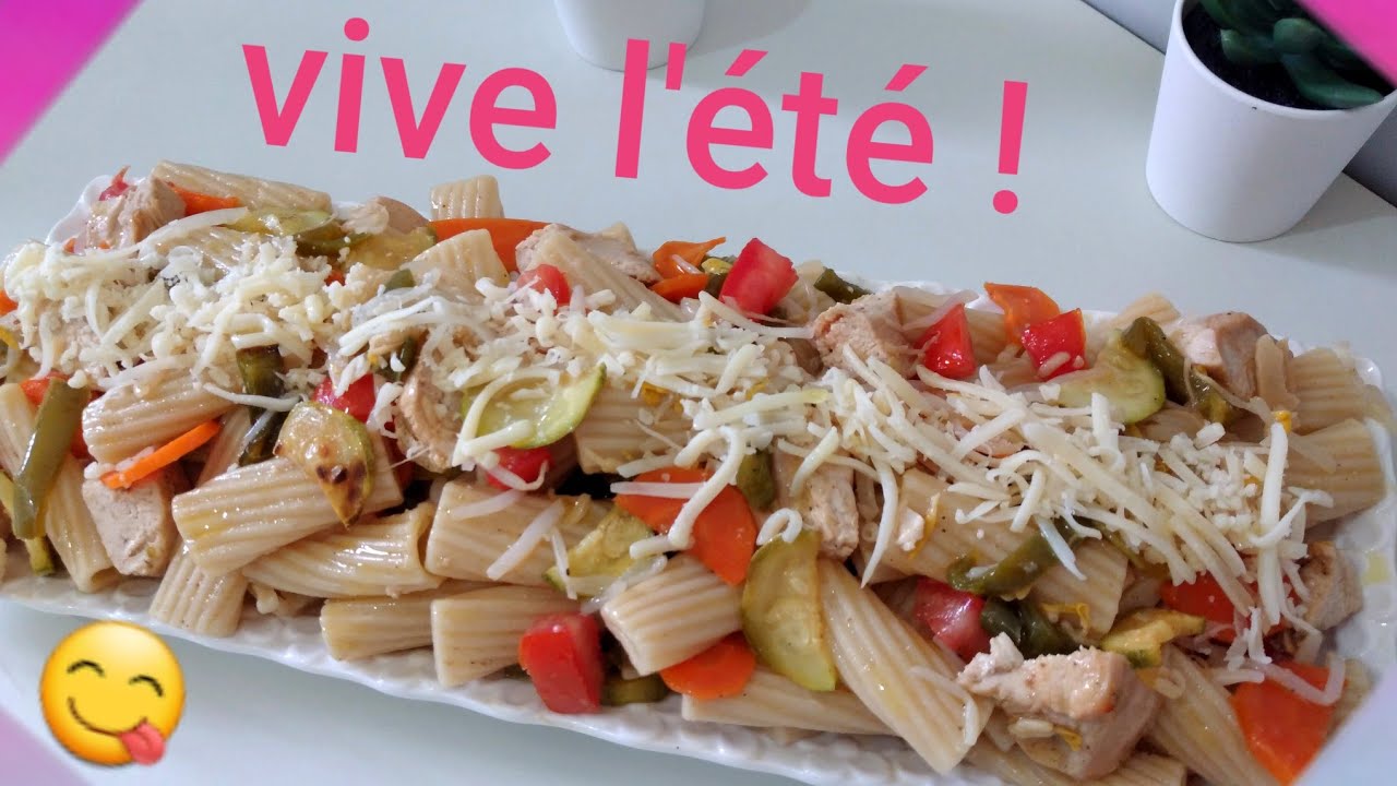 Salade de pâtes au poulet et légumes rôtis, très facile et rapide ! 🥕🥒🍅