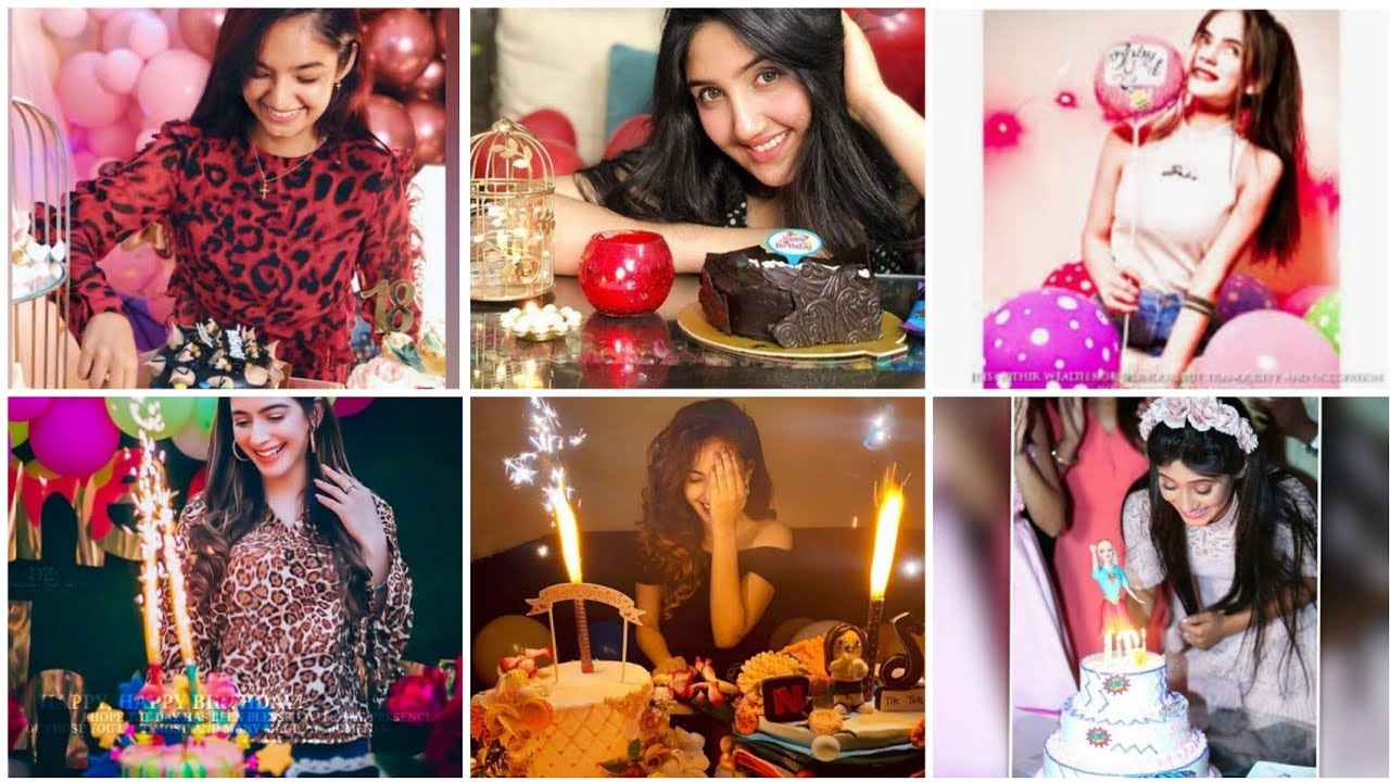 Cheerful brunette girl in flower wreath posing with birthday cake. Indoor  photo of charming laughing girl holding delicious dessert on blue  background. Stock Photo | Adobe Stock