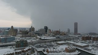 Amazing Rare Drone View OF Lake Effect Snow Hitting Buffalo NY And Waterspout