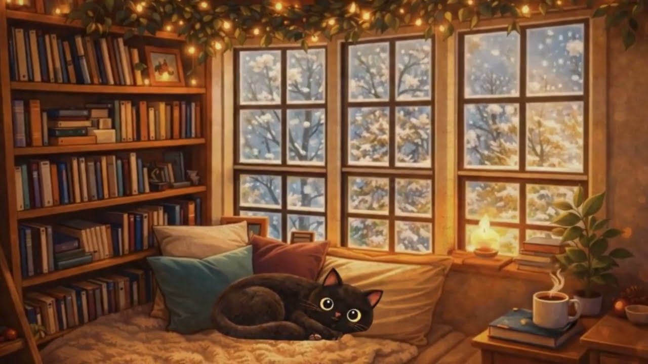 Cozy Winter Night: Relaxing Lofi, Soft Snowfall & Sleeping Cat