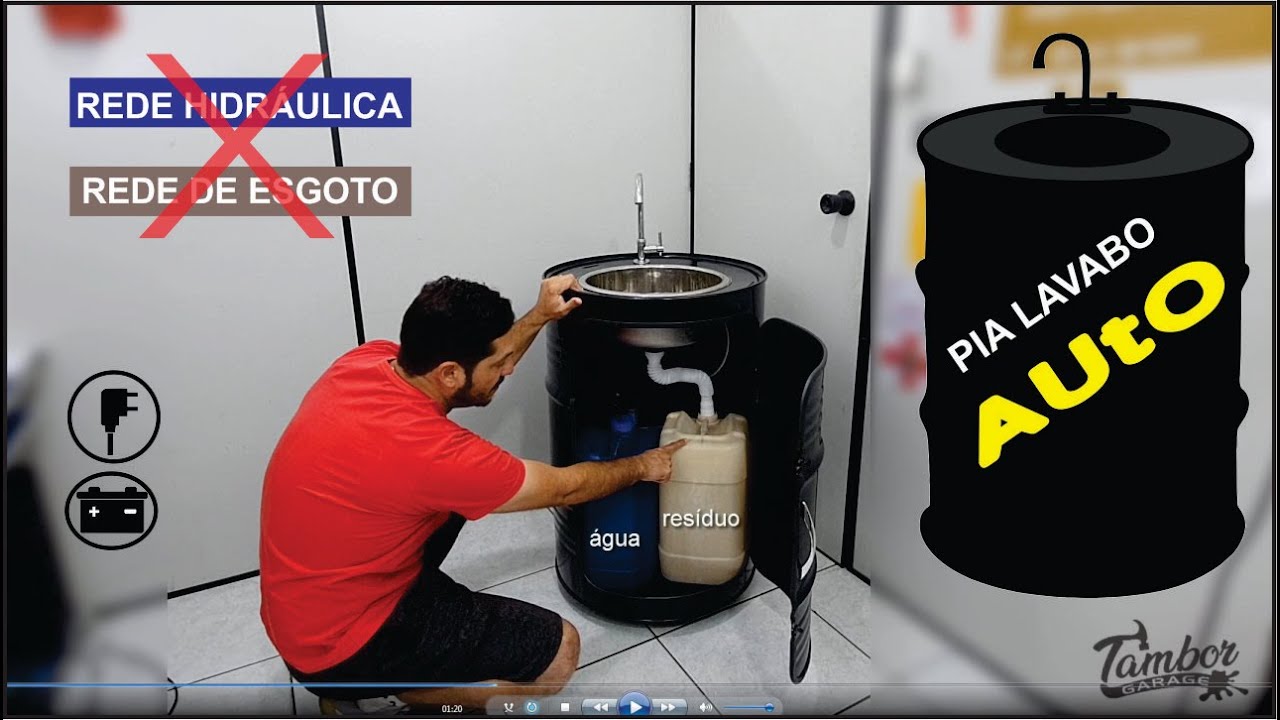 Pia Lavabo de tambor 200l Automática e Portátil, não precisa de rede de esgoto nem rede hidráulica.