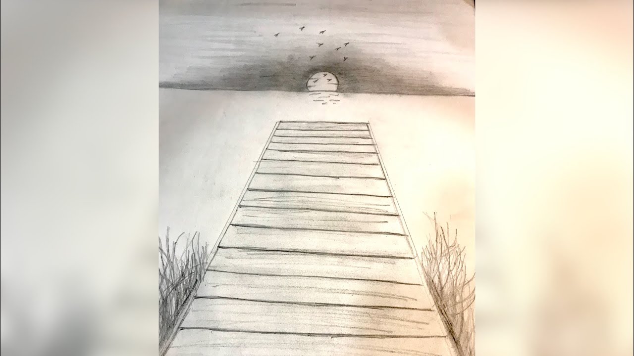 |Wooden Bridge in Lake Scenery drawing| Easy step by step| - YouTube