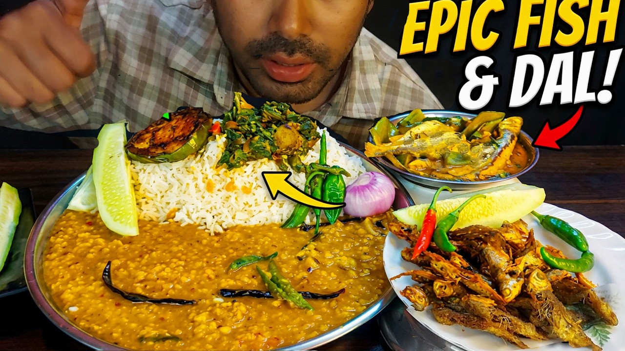 Pure Desi Lunch Masoor Dal, Steamed Rice, and puti Fish fry and tengra fish curry Eating Show