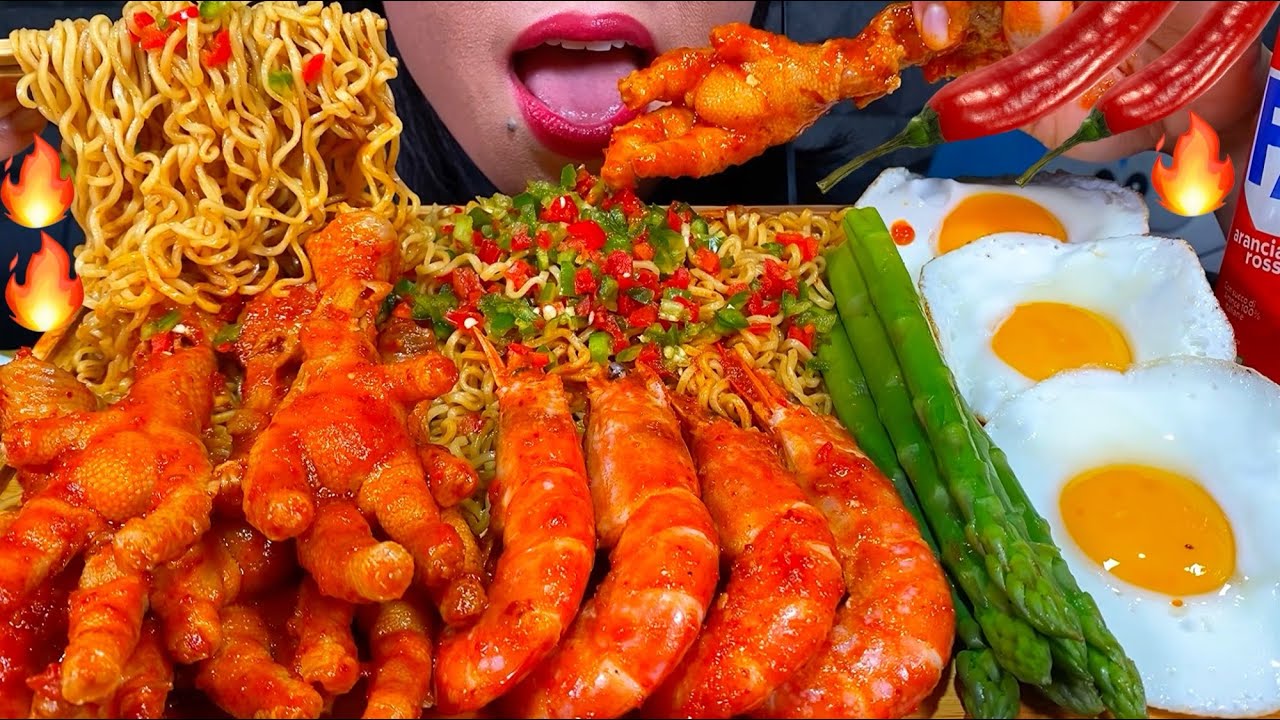 ASMR SPICY INDOMIE MI GORENG, CHICKEN FEET, RED SHRIMPS, EGGS, ASPARAGUS MASSIVE Eating Sounds