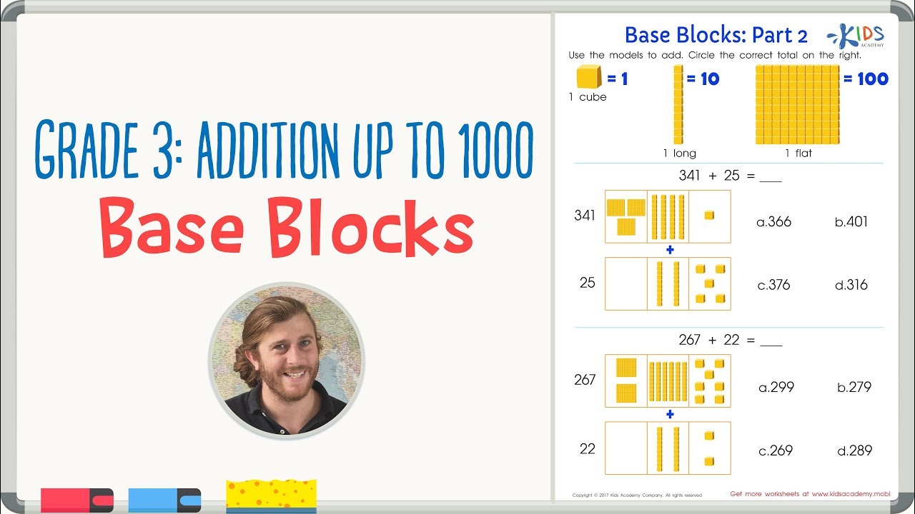 Grade 3: Addition up to 1000 - Base Blocks Worksheet