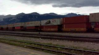 Very long train leaving Jasper, AB, Canada