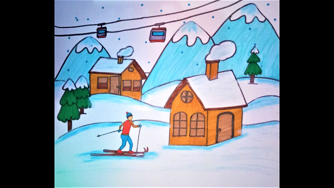 Easy Winter Scenery Drawing For Kids Hill Station During Snow Fall Drawing Youtube