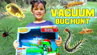 Vacuum Bug Hunt for REAL BUGS WITH ZOE SPIDERS BEETLES FROGS ROLY POLYS WORMS