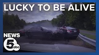 Virginia officer barely escapes getting hit by car